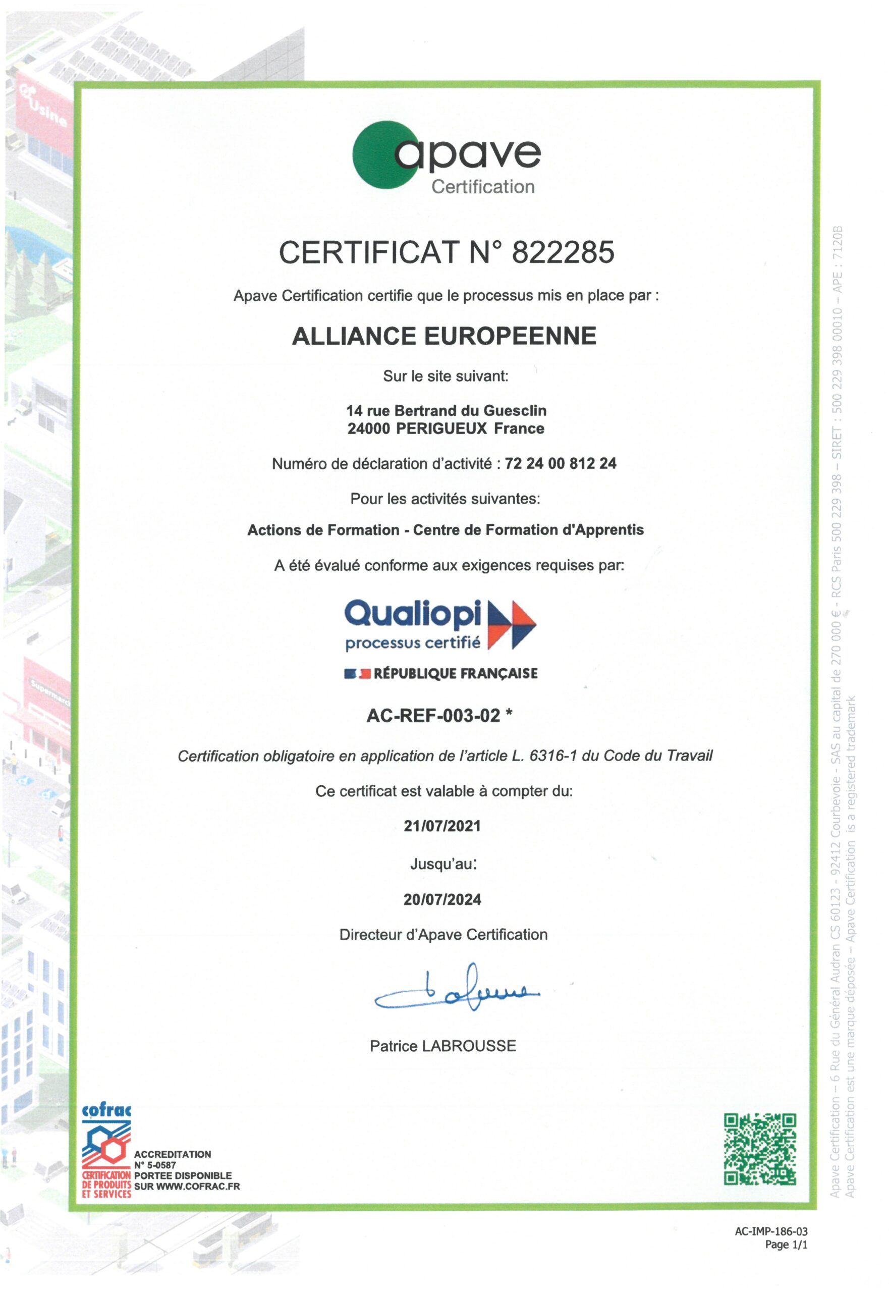 Certificat Qualiopi - Périgueux Business School